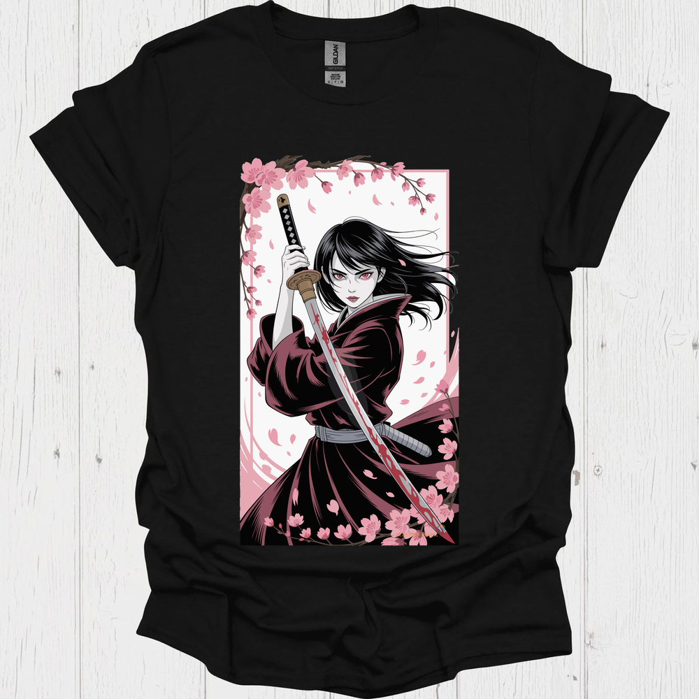 Female Warrior Samurai Girl Anime Style T Shirt V1 - Black