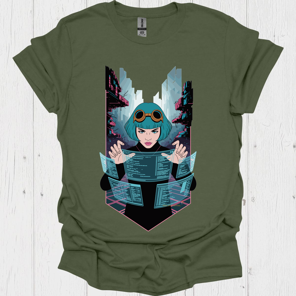 Female Cyberpunk Anime T Shirt - Heather Military Green