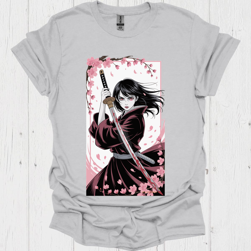 Female Warrior Samurai Girl Anime Style T Shirt V1 - Ice Grey