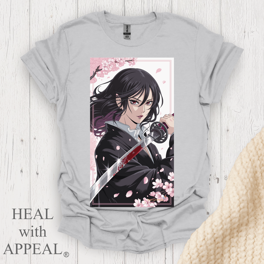 Female Warrior Samurai Girl Anime Style T Shirt V2 - Ice Grey
