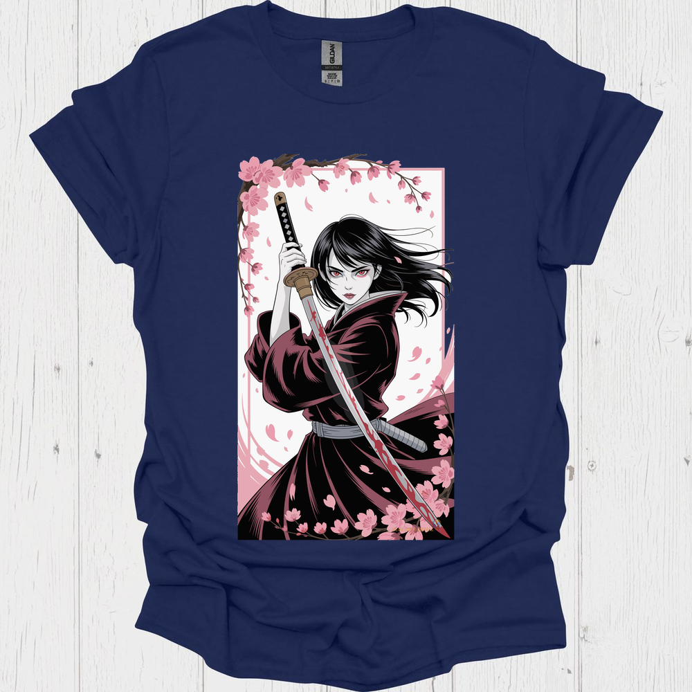 Female Warrior Samurai Girl Anime Style T Shirt V1 - Navy