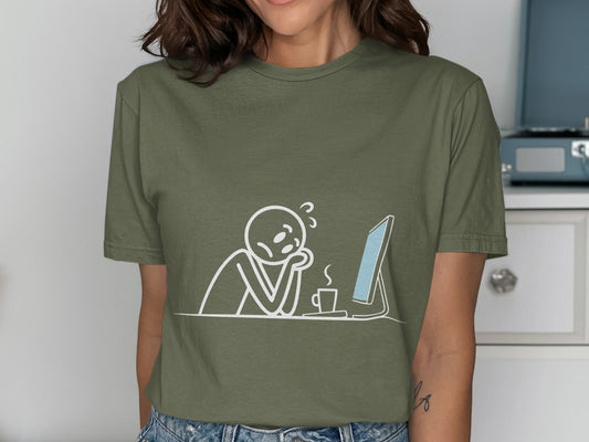 Tired Character at Desk with Coffee Graphic T-shirt