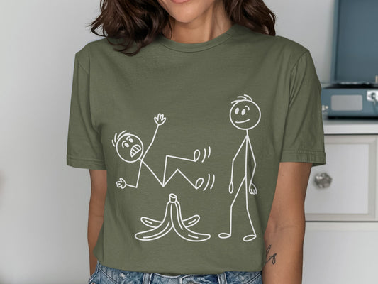 Humorous Stick Figure Banana Peel Casual Shirt