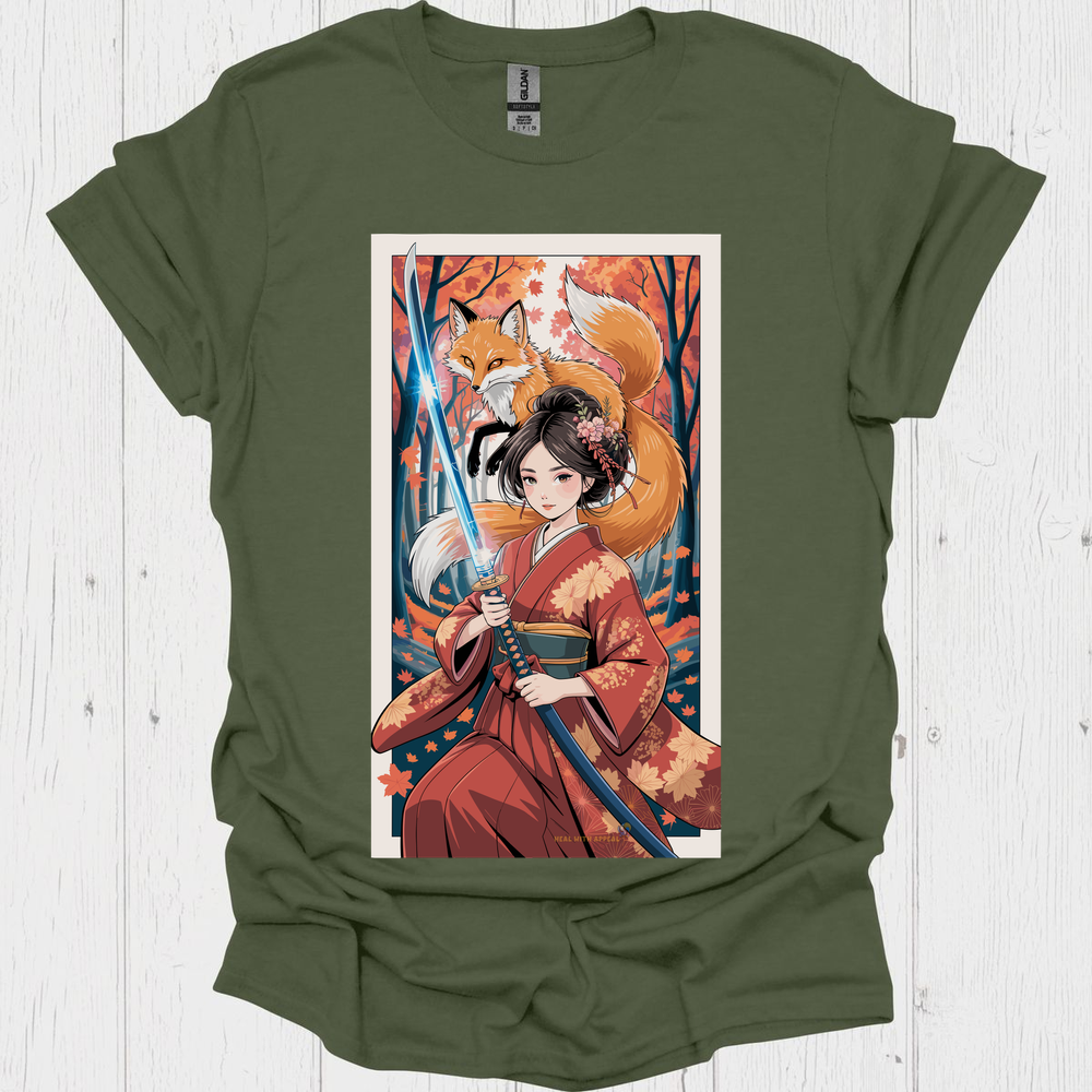Female Warrior Anime Style T Shirt V3 - Heather Military Green