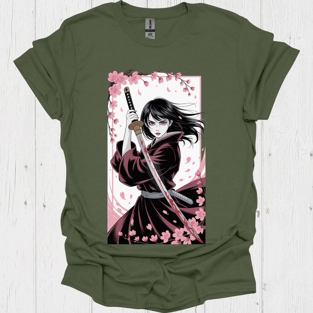 Female Warrior Samurai Girl Anime Style T Shirt V1 - Heather Military Green