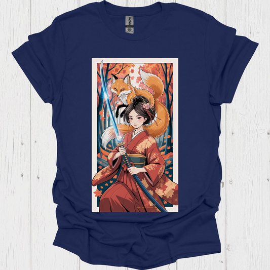 Female Warrior Anime Style T Shirt V3 - Navy