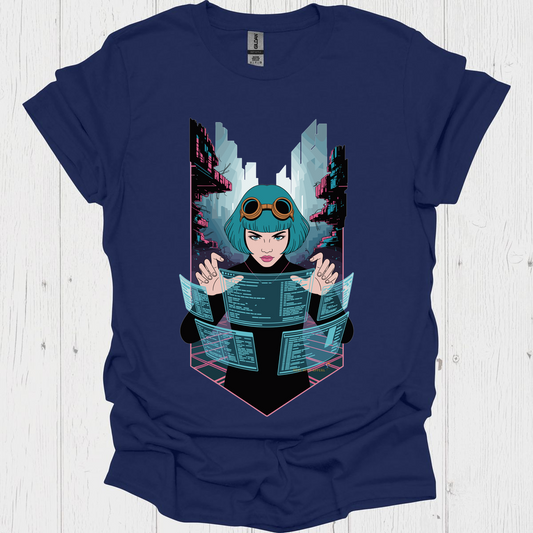 Female Cyberpunk Anime T Shirt - Navy