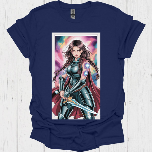 Female Warrior Anime Style T Shirt V6 - Navy